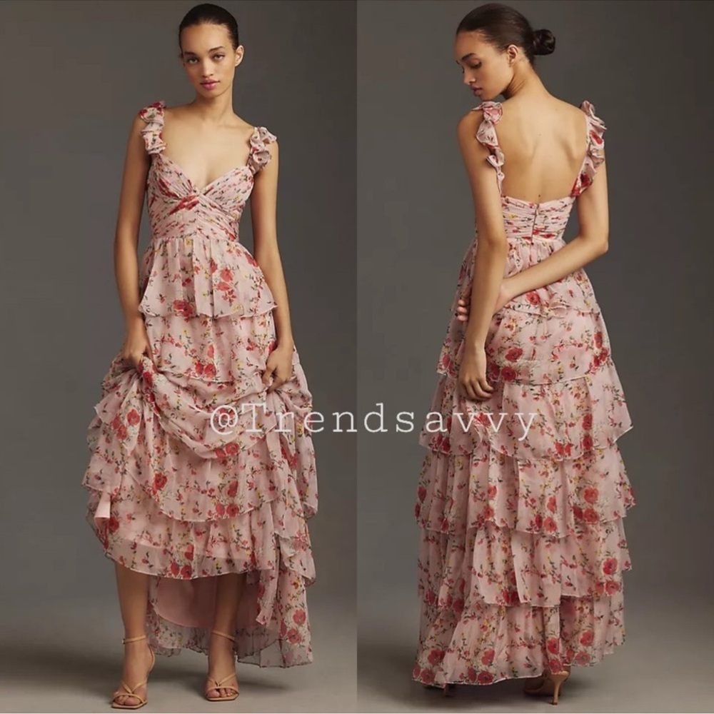 Anthropologie Mac Duggal Pink Floral Ruffle Tiered Maxi Dress 14 Formal Weddings